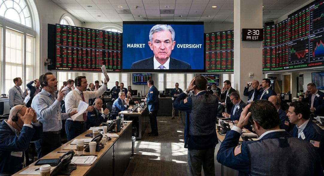Traders reacting on stock exchange floor during announcement
