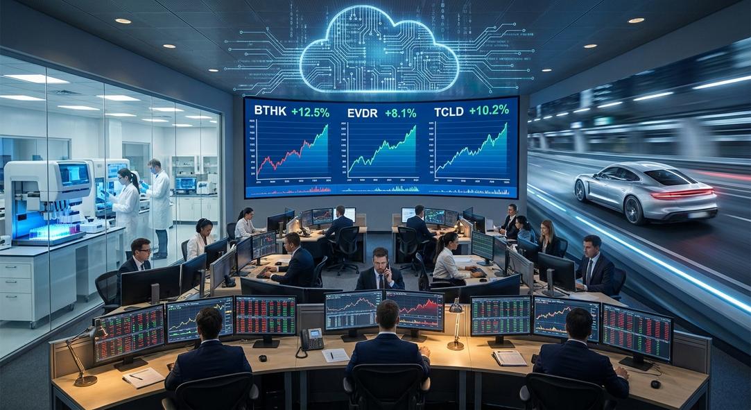 High-tech trading floor with cloud data screens