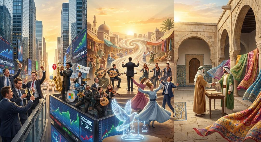 Split scene of stock market and Middle Eastern bazaar